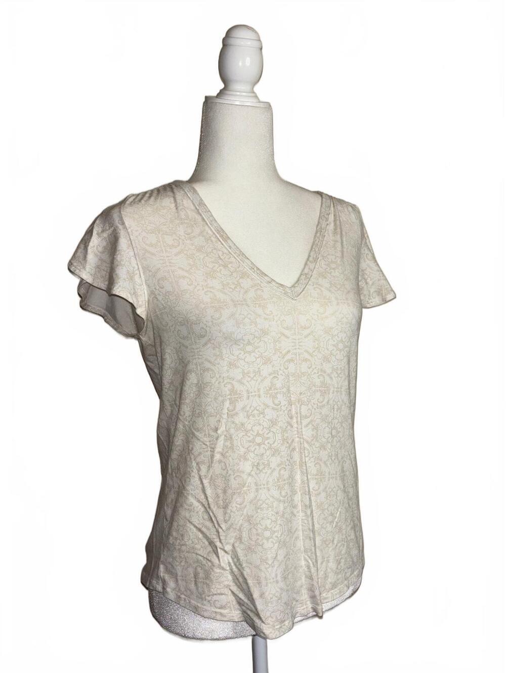 White House Black Market Gold and White Damask V-Neck Flutter Sleeve Top